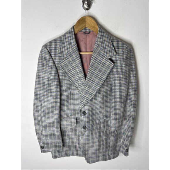 Vintage 1970s Sears Men’s Store Wool Sport Coat Blue Gray Check Plaid Men 36 - Picture 1 of 7